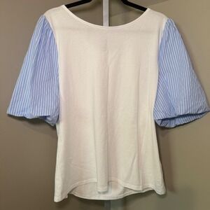 Talbots Women's White‎ T-Shirt with Blue Striped Puff Sleeves Size XL